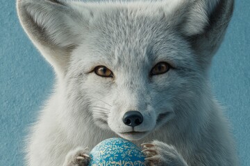 Naklejka premium Easter wonders: a fox's heartwarming egg adventure. Blockbuster poster. Cute fox with easter egg on minimalist background, spreading happiness. Advertising photo. Action poster.