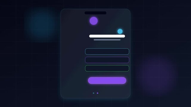 Dark mode mobile app onboarding animation video, futuristic smartphone UI UX screen transitions, neon blue purple login signup interface elements looping stock footage