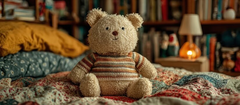 A teddy bear on a bed with a warm light and bookshelves in the background