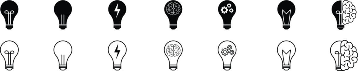 Light bulb idea icon set, creativity and innovation symbol collection with brain, gear and power sign group in flat black solid and line outline style vector illustration for business and education © Asia