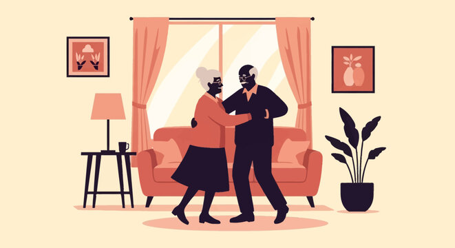 Elderly senior man and woman dancing together in a cozy living room featuring a sofa, window with curtains, indoor plants, lamp on side table, and wall art in warm muted tones.