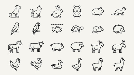 Fototapeta premium Set of diverse domestic animal and pet line icons on a white background