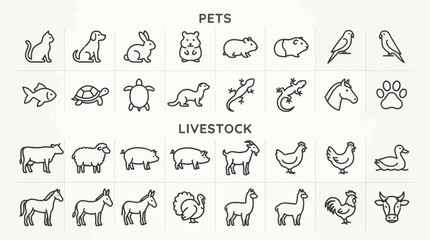Naklejka premium Set of simple black line animal icons featuring pets, livestock and farm