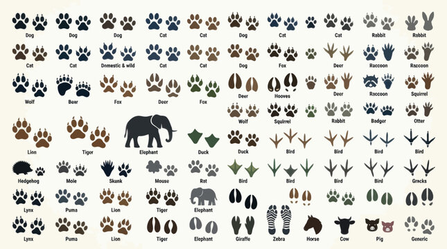 Set of diverse wild and domestic animal footprint icons with labels