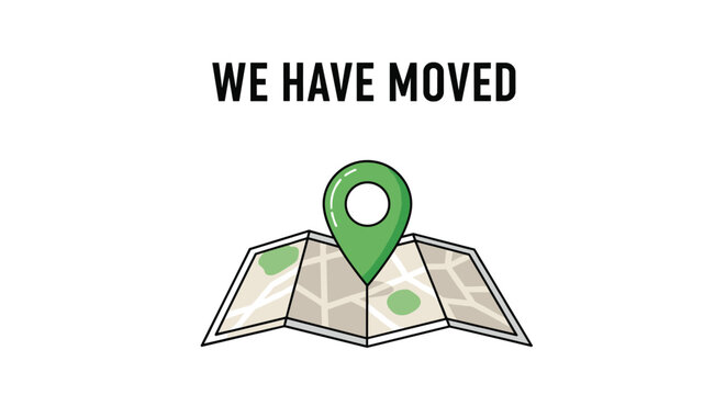 Folded paper map with a large green location pin and text announcement for a business or office relocation to a new address coordinates.