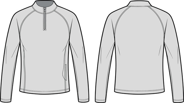 Women's quarter zip jacket vector template with raglan sleeves and side pocket detail, front and back view fashion technical drawing apparel mockup illustration
