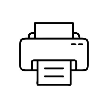 Desktop printer with paper sheets icon in thin line style for office.