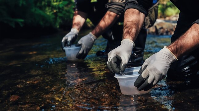 Scientists collect water samples in protective gloves from a river. Researchers test liquid purity for analysis. Biologists gather data for ecosystem study. Hydrologists work with natural resources.
