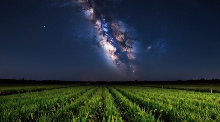 Obraz premium Vast green rice fields under starry night sky with Milky Way galaxy stretching above. Serene landscape captures beauty of rural nature, cosmos. Perfect for themes of agriculture, astronomy,