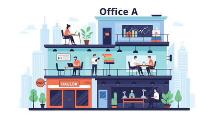 Naklejka premium Detailed multi-story office building illustration shows diverse professionals working in a modern corporate environment across different departments.