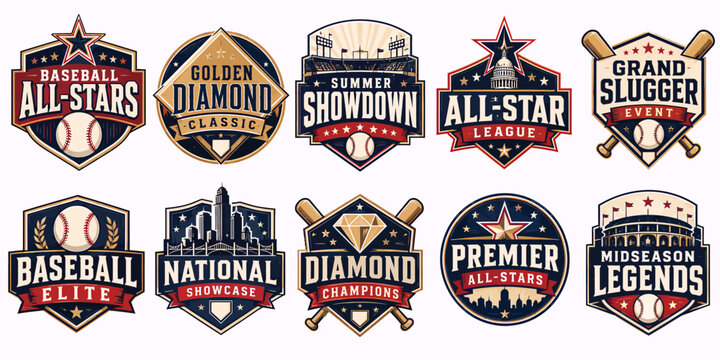 Dynamic vector collection of baseball tournament badges, league emblems, and championship insignias, ideal for sports branding and all-star event design