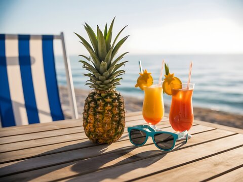 Refreshing tropical drinks and pineapple on a beachside table