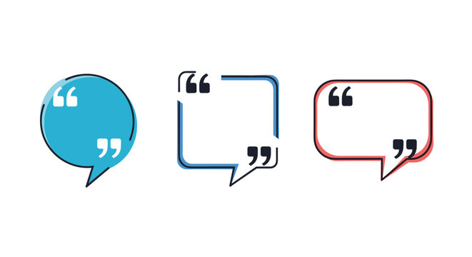 Set of three quote bubble frames in circle square and rectangle shapes with quotation mark symbols for text highlight and messaging.