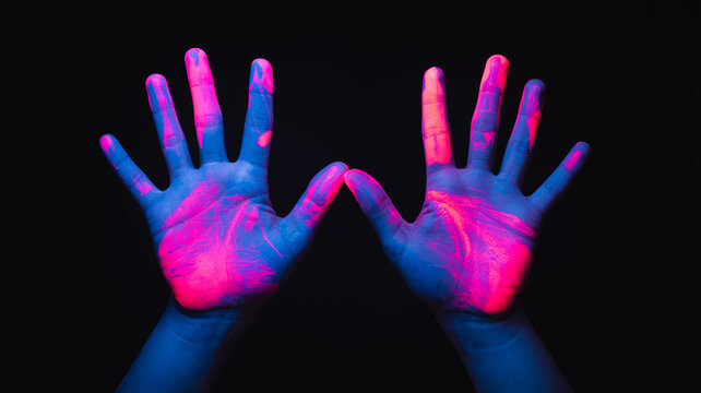 Vibrant neon paint splatter hands glowing under blacklight photography
