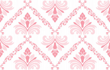 Fototapeta premium pink seamless Damask pattern with Ikat floral design. Vector oriental embroidery inspired by Aztec and Baroque styles. Perfect for fabric, clothing, fashion, decoration, and tile textures.
