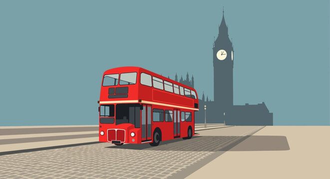 A bright red double-decker bus drives along a cobblestone street with the iconic Big Ben clock tower in the background under a muted blue sky