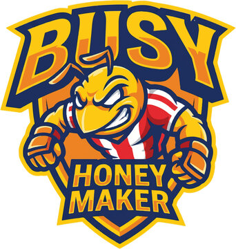 Busy honey maker mascot logo with bee character Art & Illustration