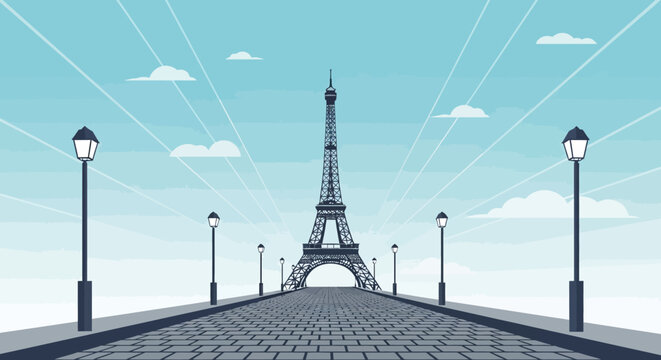 Flat illustration of the iconic Eiffel Tower viewed down a wide, cobblestone path with lampposts and stylized clouds under a bright, radiating sky in Paris