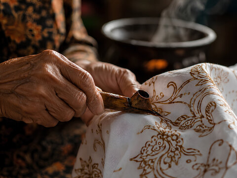 Indonesian woman&rsquo;s hands delicately drawing intricate batik patterns using a traditional canting filled with hot wax on white fabric