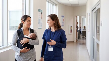 Obraz premium Nurse Walking with Mother Carrying Infant for Breastfeeding Support in Clinic Hallway and Postpartum Care Photo