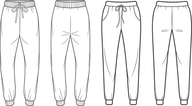 Technical fashion sketch of women sweatpants joggers with drawstring waistband showing front and back views cad drawing flat vector illustration