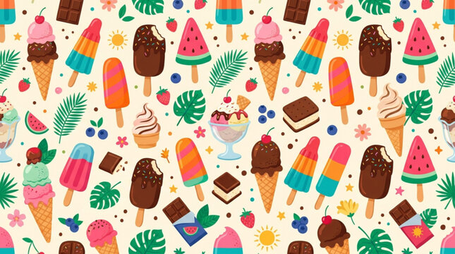 Colorful summer treats pattern with ice cream cones popsicles and tropical leaves on cream background