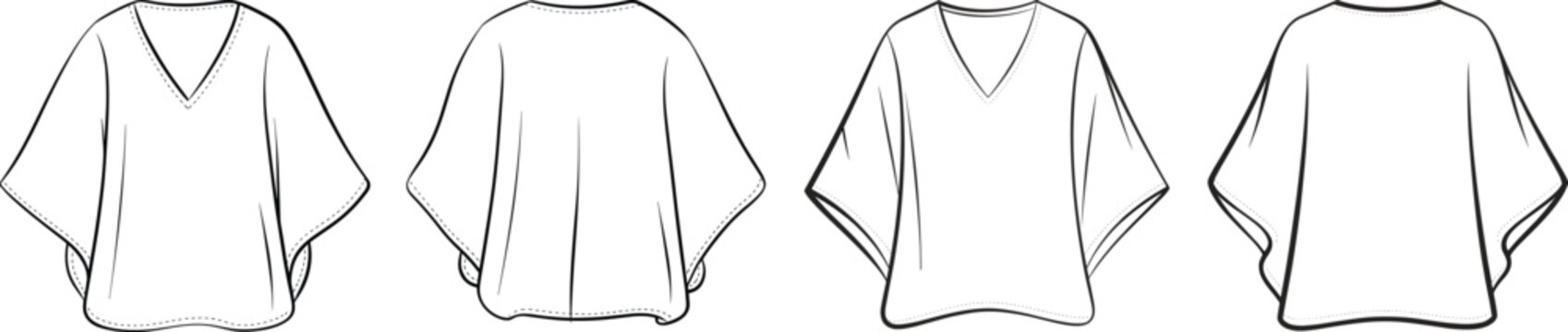 Technical flat sketch of women's v-neck poncho top with draped kimono sleeves for cad drawing flat vector illustration