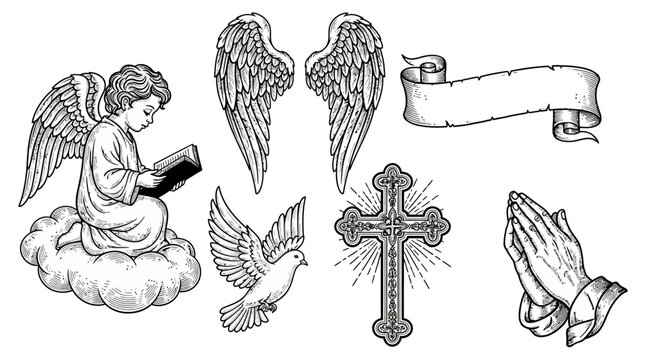 Vintage Religious Illustration Set with Angel Dove and Cross