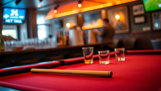 An empty bar table with glassware and a pool cue in warm, dim light.