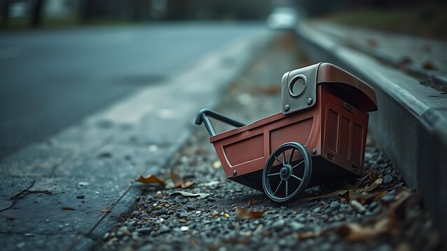 Discarded toy carriage lying by the roadside, lonely and abandoned.