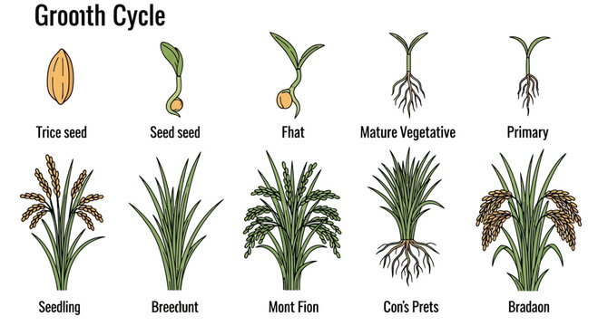 Rice Plant Life Cycle and Growth Stages Vector Illustration