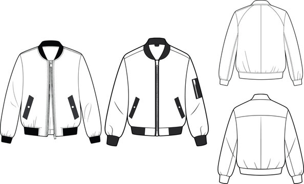 Vector technical fashion sketch set of bomber jacket front and back views blank zipper blouson template CAD illustration