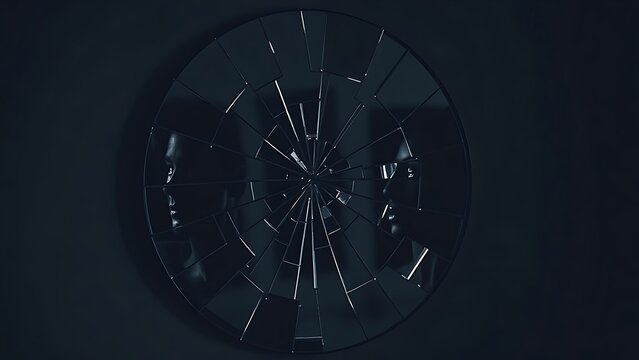 Shattered mirror reflecting distorted facial silhouettes with sharp glass shards and dramatic lighting.