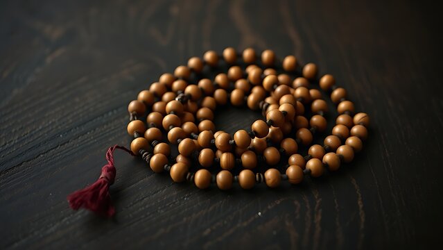 Wooden rosary beads coiled on a dark wooden table, textured surface.