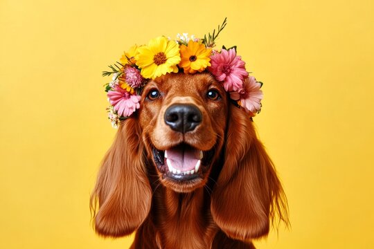 Isolated pink background, copy space, ad campaign idea. Cute adult dog bulldog wearing free flower circlet on its head - symbol of sunny vacation time. Professional studio snapshot.