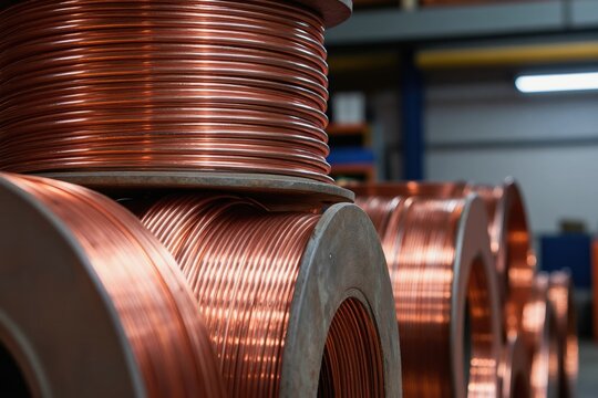 Large spools of shiny copper wire coil neatly in a factory warehouse. Metal material is prepared for industrial manufacturing and electrical applications, ready for production.
