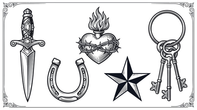 Fantasy magic symbols vector with sword dagger heart flame star and keys.