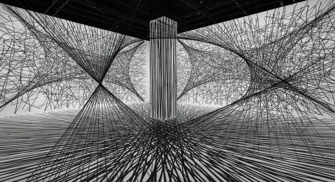 Abstract black string art installation in modern gallery space