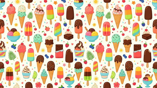 Colorful ice cream cones and popsicles with fruits and sweets on white background