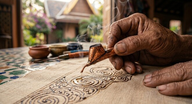 Batik Artist Applying Wax with Canting Tool