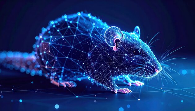 Digital wireframe rat in blue neon glowing lines.