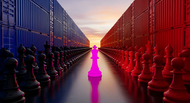 Chess pieces standing in front of stacked shipping containers at a terminal during sunset. Glowing pink king stands between opposing figures. Logistics strategy and global trade competition concept.