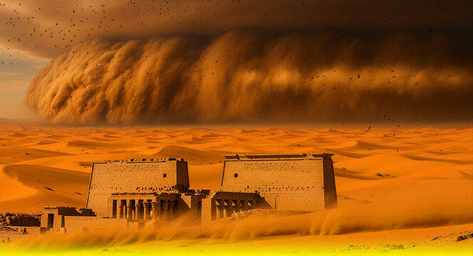 Ancient temple ruins face a massive sandstorm in a desert. A huge wall of dust looms over golden dunes with birds in flight. Epic historical weather concept for travel and cinematic use.