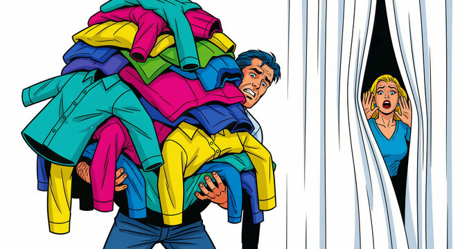 Man carrying a massive stack of colorful laundry while a shocked woman watches from behind a curtain. Overwhelmed character in a pop art comic style. Domestic stress concept for housework marketing.