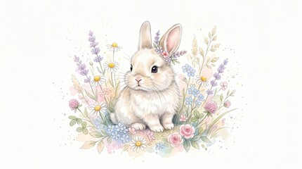 Fototapeta premium Adorable watercolor illustration of a fluffy white bunny rabbit sitting amidst colorful spring wildflowers.