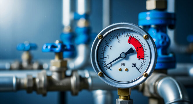 Close-up of an industrial pressure gauge on metal pipes with blue valves. The needle indicates high pressure within the red warning zone. Utility monitoring concept for maintenance and safety.