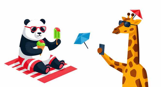 Funny cartoon panda and giraffe enjoying a summer vacation. Panda eats ice cream while giraffe takes a photo with a smartphone. Playful holiday concept for travel ads and social media campaigns.