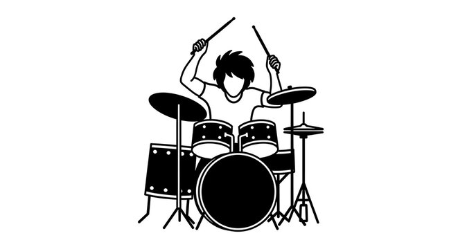 Black Silhouette Drummer Playing Drum Kit on White Background