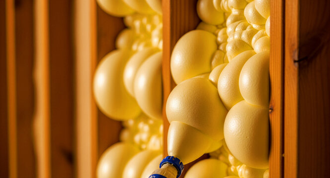 Spray foam insulation being applied to wooden wall studs. Expanding yellow polyurethane foam fills gaps in a house. Professional weatherization concept, ideal for energy efficiency marketing.