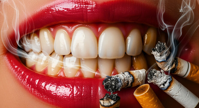 Close up of woman's mouth with cigarettes causing dental damage. Smoke swirls around teeth showing yellow staining and decay. Health hazard concept for anti-smoking and dental hygiene campaigns.